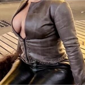 Stud-Trim Fitted Leather Jacket - Gray